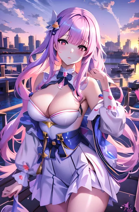 Anime girl posing on dock with pink hair and white dress, seductive anime girls, Best anime 4k konachan wallpaper, Detailed digital anime art, azur lane style, A scene from the《azur lane》videogame, Detailed anime artwork, sakimichan frank franzzeta, high d...