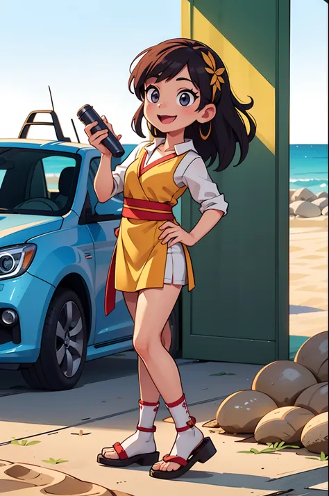 Octane Render、(Hyper-detailing: 1.15)、(Soft light、sharp: 1.2)、morning、Little girl posing in front of EV in parking lot near beach, Traditional costumes、Distinctive ethnic hair ornaments、Characteristic ethnic shoes、 Fuji Film, F/4.0, masutepiece, Anatomical...