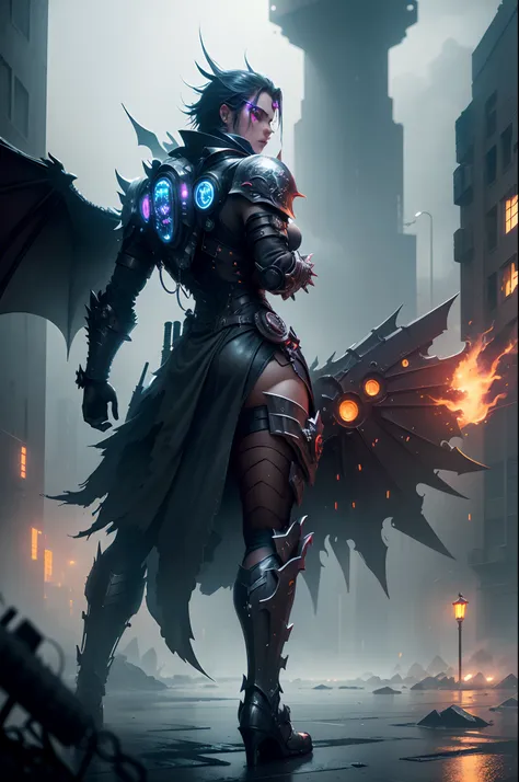 (Best Quality, high resolucion, Ultra-detailed, realisitic:1.37), Dark fantasy and cyberpunk vibes, Dragon-inspired armor and helmet, mechanization, s whole body, Enchanting background, 3d rendered, intense illumination, Vivid colors, Metal texture, Post-a...