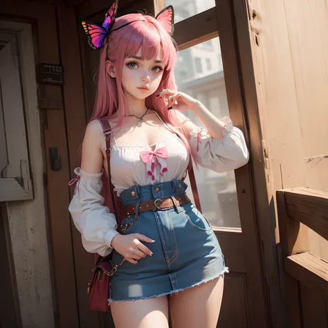 8k, masterpiece, best quality, realistic, higly detailed, cowboy shot, 1girl, solo, Nino, cute, cold-looking girl, waist-length straight hair, square bangs hanging over eyebrows, reddish-pink hair, twin butterfly-shaped ribbons on both sides of head, dark ...