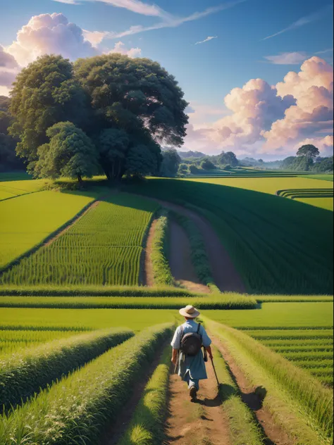 An old farmer carrying a flat burden, walking on the winding path of the countryside, big clouds, blue sky, rice fields, neat rice seedlings in the field, forest, hillside, secluded, countryside, HD detail, hyper-detail, cinematic, surrealism, soft light, ...