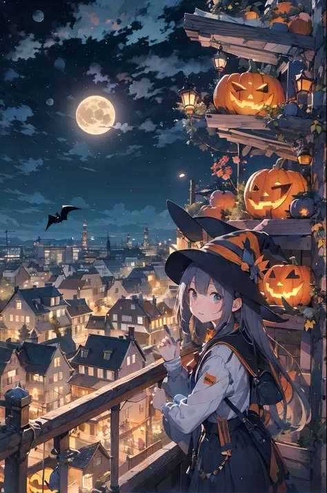 masuter piece、top-quality、32K、8K、absurderes、The best illustrations、Official art、Halloween、the witch、Ride a broom、nigh sky、flying though the air、Ghost pumpkin、You can see a big full moon in the colorful starry sky、You can see buildings and city lights at th...