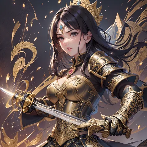 ((Finest quality)),(超A high resolution),(ultra-detailliert),(Meticulous portrayal),((Best CG)),(Finest works of art),Ultra-Precision Art,The art of astounding depiction, (Female Magic Swordsman:1.5),(Armor with intricate patterns:1.5),Hold your sword:1.3,U...