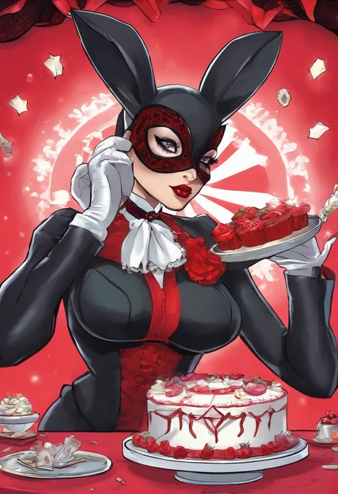 sexy futanari woman, black BunnyGrl outfit, black bunny ears, white collar, red bowtie, black leather corset, red leather gloves, fishnet stockings, wearing a skull mask that covers top half of the face, coming out of a birthday cake, dynamic pose, full bo...