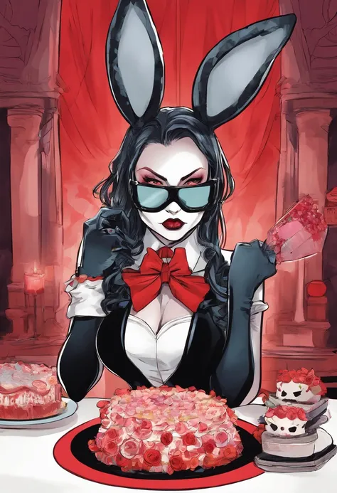 sexy futanari woman, black BunnyGrl outfit, black bunny ears, white collar, red bowtie, black leather corset, red leather gloves, fishnet stockings, wearing a skull mask that covers top half of the face, coming out of a birthday cake, dynamic pose, full bo...