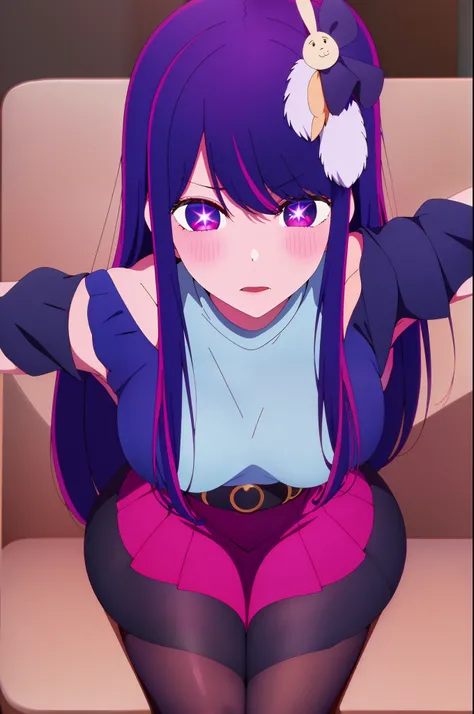 masterpiece, best quality, purple color hair, purple eyes, 1girl, solo, looking at viewer, blush, skirt, shirt, long hair, hair over one eye, hair ornament, bare shoulders, sitting, full body, pantyhose, thighs, shoes, sleeveless, alternate costume, belt, ...