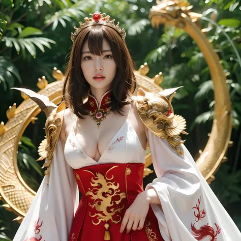 (Fight fiercely with dragons)、top-quality、​masterpiece、超A high resolution、（White Dragon Armor）、dragon armor、(Wearing a beautiful crown made of jewels),(Photorealsitic:1.4)、Raw photo、女の子1人、Golden hair、glowy skin、(((Chinese Dragon)))、（Gorgeous Jewelry Neckla...