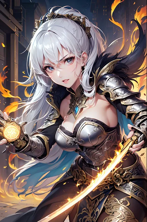 ((Finest quality)),(超A high resolution),(ultra-detailliert),(Meticulous portrayal),((Best CG)),(Finest works of art),Ultra-Precision Art,The art of astounding depiction, (Female Magic Swordsman:1.5),(Armor with intricate patterns:1.5),Hold your sword:1.3,U...