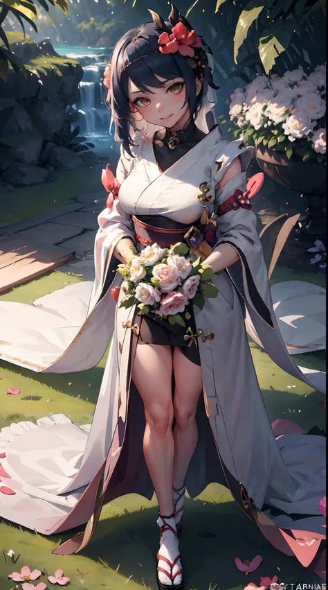 Kujou Sara | genshin impact, master-piece, bestquality, 1girls,25 years old, proportional body, proportional., Wedding Dresses, White Wedding Dress, Long skirt, wedding, ,bara, Standing in the middle of a flower garden, outdoor, wedding, The sky is beautif...