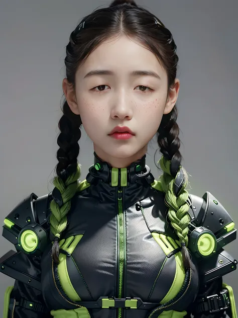 1 beautiful woman，Wearing a fluorescent grass green mech，bulletproof vest，Twist braids，little breast，cyber punk perssonage，greybackground