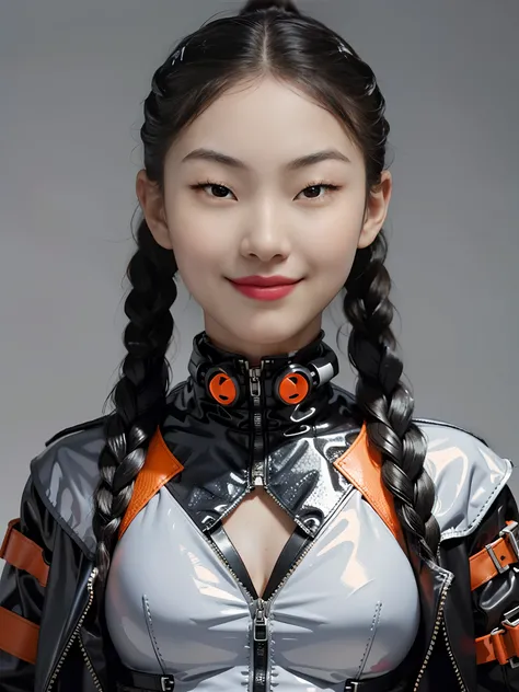 1 beautiful woman，Wearing Hermes orange PVC clothing，bulletproof vest，Twist braids，little breast，cyber punk perssonage，greybackground