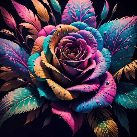 Multicolored roses:1.5,feather:1.3,top-quality,Best Quality,Beautiful and mysterious flowers,Extremely detailed,Fractal Art:1.3,Colorful:1.4,highest details,Zentangle:1.2,psychedelic,Dynamic,Complex background&Abstract:1.3