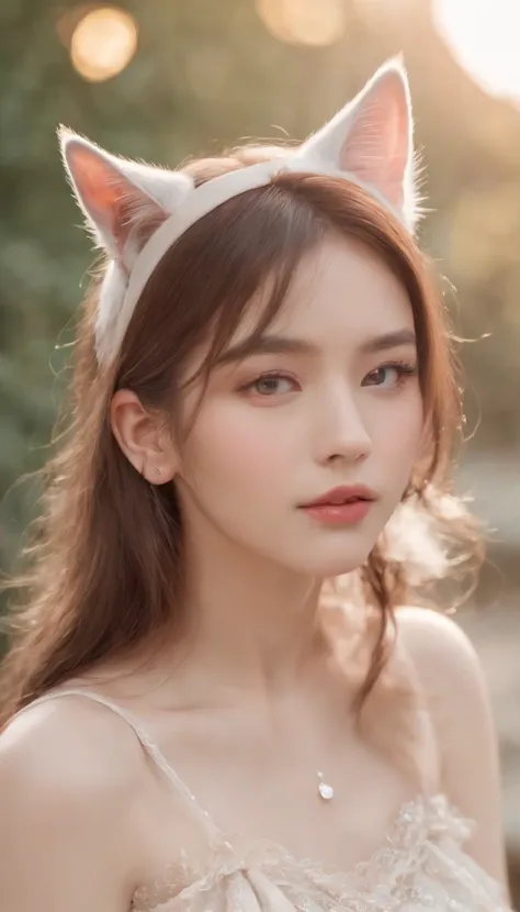 Best Quality,4K,8K,hight resolution,masutepiece:1.2,Ultra-detailed,Realistic:1.37,Cute,Girly,Portrait Style,Long hair,Cat ears，Sparkling eyes,Piercing eyes,Cat-like eyes,Beautiful face,Rose cheeks,Soft and perfect skin,Young look,Pouty lips,Cat ears,Delica...