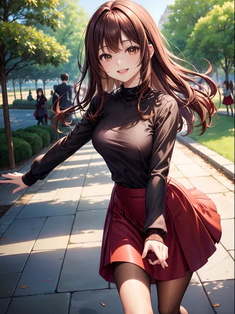 top-quality、Full limbs、complete fingers、Slender beauty、straight haired、Brown hair、((Black Long Sleeve Knit Top))、((Red Mini Flared Skirt))、Brown pantyhose、Beautiful Large Breasts、A big smile、a park、Frolicking