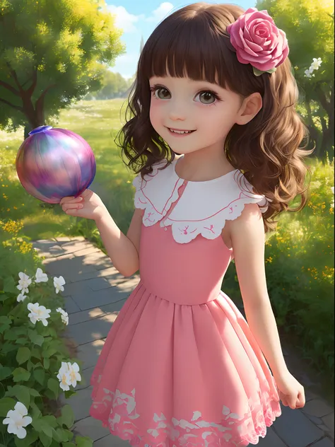 A child, menina de vestido cor de rosa e sapatos cute,  6-year-old European girl, desenho animado estilo 3d da Pixar, com cabelos loiros e encaracolados, muito feliz