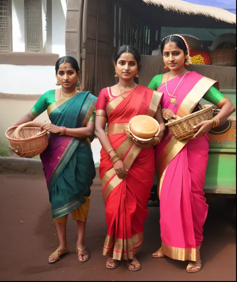 three women in saris standing next to a truck with a basket, wearing a sari, wearing traditional garb, traditional female hairstyles, wearing sari, beautiful women, traditional clothes, traditional clothing, dressed in a sari, with fluent cloths, indian st...