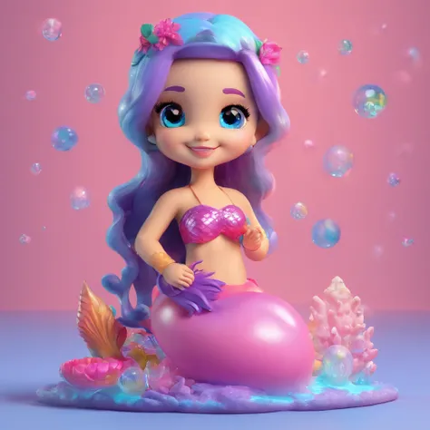 super cute child mermaid ip by pop mart, olhos brilhantes, beira da piscina pequena, mata, mar, sereia, argila, Modelos, um brinquedo de caixa cega, negra, Brilhante e forte,fundo limpo, Bom brilho, Better quality 3D rendering, calda azul, shades of Lilac