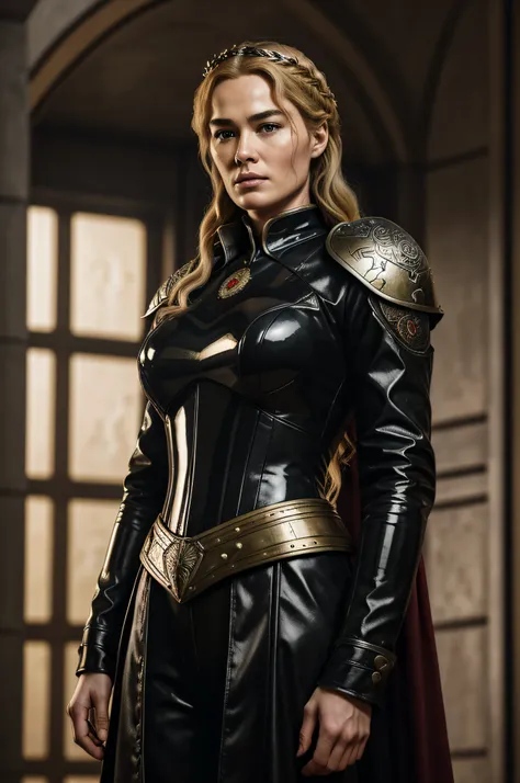 realistic professional photo of sexy young and modern Cersei Lannister as a cruel dystopian (dictator:1.1), strict posture, strict hairstyle, (autorotative:1.3), propaganda, holding speech, ((rubber) military uniform:1.2), medals, stern, large and natural ...