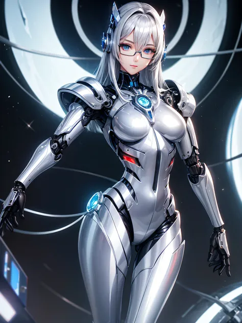 5 8K UHD、Mechanical beauty with shiny silver body wearing glasses is posing、Shiny silver robot with hidden skin