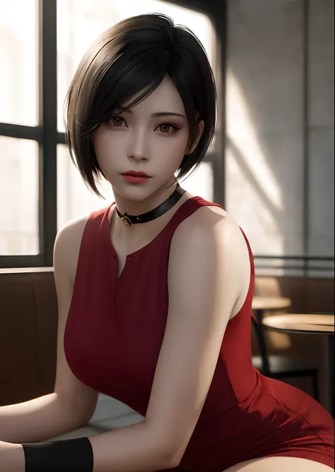 1girl, ((portrait)) of beautiful ADAWONG, looking at viewer, black hair, short hair, ((red dress)), black choker, transparent black stocking, side slit, blush, blotchy makeup, trending on Artstation, ada, realistic, athletic night, highly detailed skin, wa...