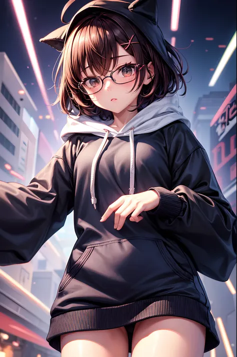 put on a hoodie hood, Play UFO Catcher at a game center, Wear a white hoodie, leaning forward, Describes the background extensively, blush, Wear black knee-high socks that go all the way up to the thigh., hair behind ear, short hair, expressive hair, over-...