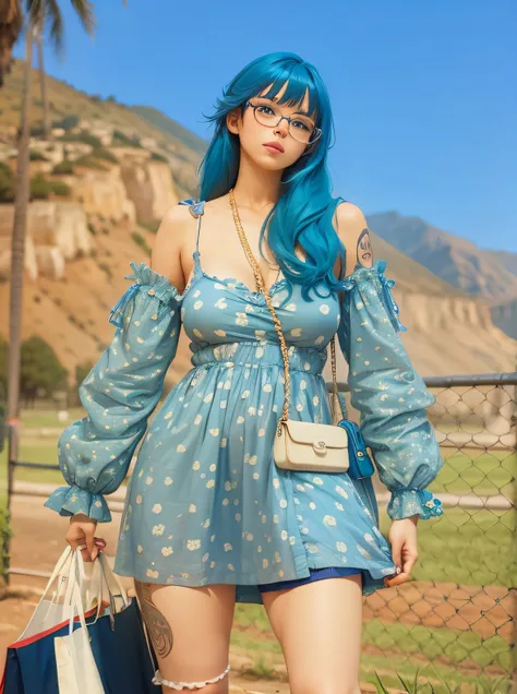 girl, blue hair, wear glasses, wear blue mini dress