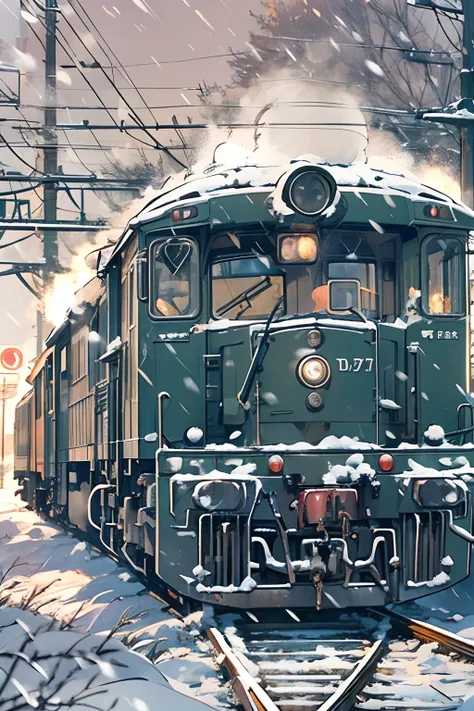 Locomotive with smoke in the center、headlight、Japan countryside、Cinematic scenery、Studio Ghibli、midnight、Very snowy、snow blowing、snow cover、Mare、masutepiece,Best Quality,Sketch style、