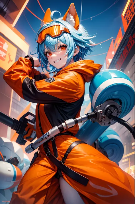 Orange hoodie, Wearing a hood, light blue hair, gradient hair, asymmetrical hair, huge ahoge, goggles, mole under eye, squirrel ears, grin, anime, anime style, Futurism, speed lines, 4K, best quality, textured skin, UHD, highres, high quality