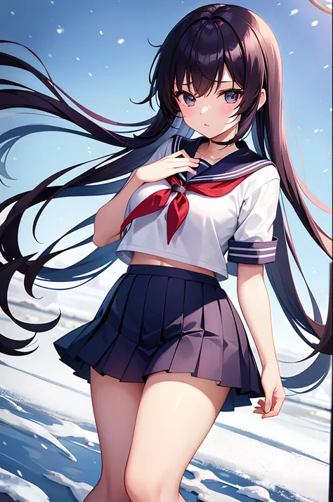 high school girl in a sailor suit in a thick miniskirt wearing short sleeves even though it is snowing in the winter season