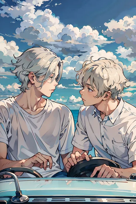 2boys,13 only、(Mans :2) ,Handsome boy,silber hair、a blond、Cutter shirt、In the car、Clouds,Natural lighting、hightquality、masutepiece,8K,NSFW,