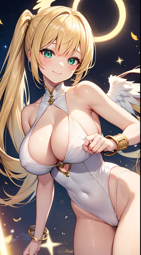 1 girl, game CG, 1 girl, game CG, white leotard, cleavage visible, angel halo, angel wings, bangles, gigantic breasts, blonde, middle hair, side ponytail, green eyes, stars, night, smile, dynamic,