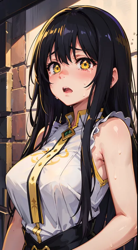 (mieruko:1.3), 1girl, scared, tears, sweat drips, yellow detailed eyes, long black hair, big eyes, (open mouth:0.1), detailed pupils, hdr shadows, (elegant clothes, sleeveless).