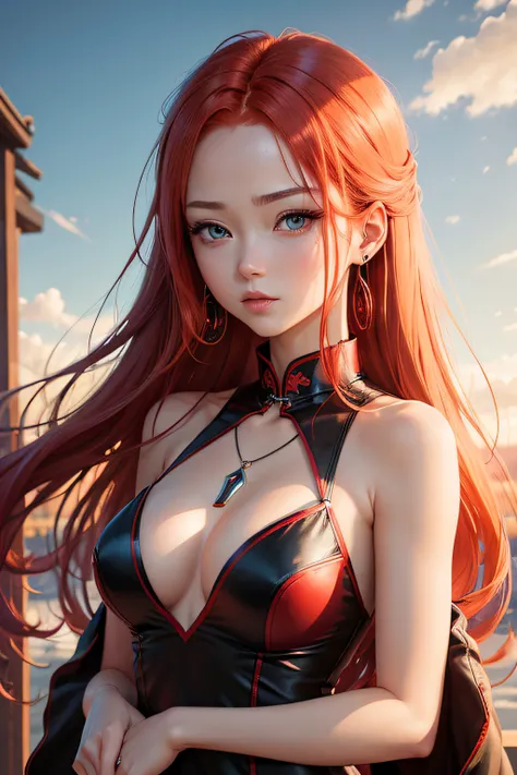 Red-haired girl，eBlue eyes，Japanese manga style，Cheongsam with neckline opening，animemanga girl，Noble and stunning heroine，Wearing earrings and necklaces，Look up at the sky，The side face amazes everyone