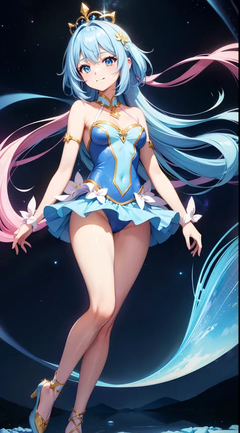 Super Idol　a beauty girl　A charming smile　sky blue hair　length hair　Facing straight ahead　Twin-tailed　Glittering pink and white、Blue and yellow leotard costume　Mystical　Fantasia　constellation　a moon　Crystal Brilliance　Aurora Borealis in the Night Sky