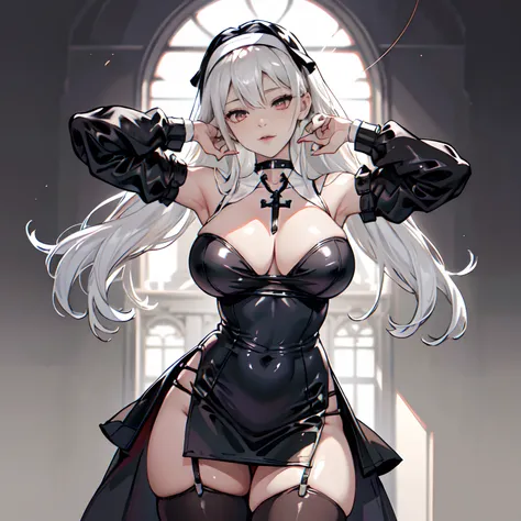 1girl，black latex miniskirt，cleavage，crosses，Cross necklace，obsolete，shift dresses，habit，white hair，choker necklace，lewd nun，combats，Separate lips，独奏，Wavy hair，chies，（Realistis），（Hot body），high detail，（shiny skins：1.16），（ cleavage breasts）， cleavage breast...