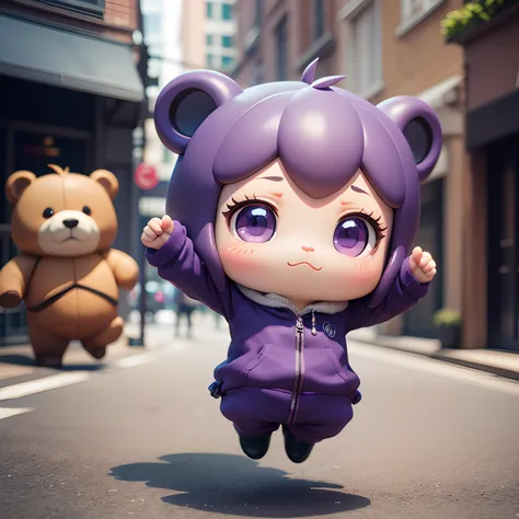 ​masterpiece、top-quality、ultra-detailliert、（Chibi Purple Bearman：1.2）Cute charming chibi animation with bear-like face、（Chibi 3D）： 1.3，（A detailed face：1.2），（Standing posture：1.1），Randomly generated backgrounds，Jumping