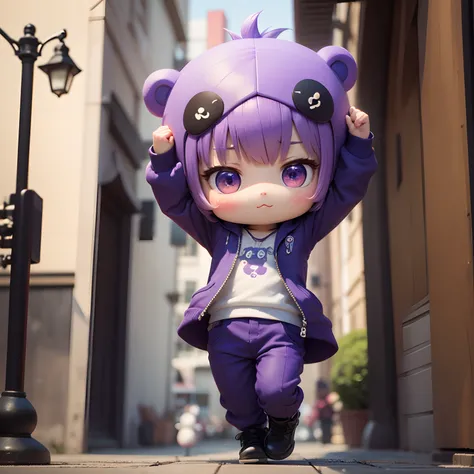 ​masterpiece、top-quality、ultra-detailliert、（Chibi Purple Bearman：1.2）Cute charming chibi animation with bear-like face、（Chibi 3D）： 1.3，（A detailed face：1.2），（Standing posture：1.1），Randomly generated backgrounds，Jumping