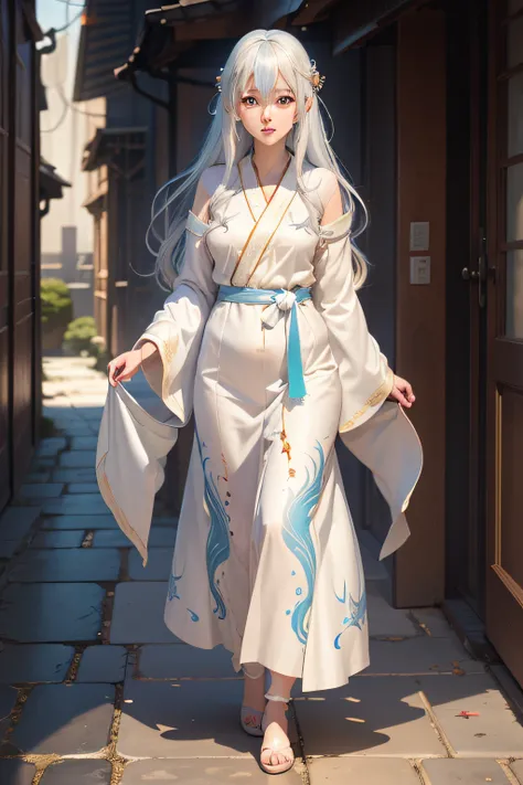 A pixiv competition winner, fantasy art, white-haired god, beautiful character painting, guvez style artwork, dazzling gaze of Yuki Onna, guweiz, long white hair, flowing hair and robes, cute big eyes, illustrations, fine lines, deep color