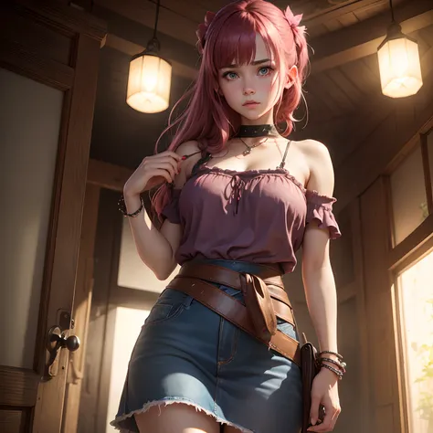 8k, masterpiece, best quality, realistic, higly detailed, cowboy shot, 1girl, solo, Nino, cute, cold-looking girl, waist-length straight hair, square bangs hanging over eyebrows, reddish-pink hair, twin butterfly-shaped ribbons on both sides of head, dark ...