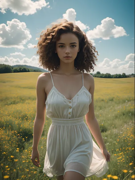 (Masterpiece), Photorealistic, RAW photo,  Cinematic, Depth of field, Film grain, Highly detailed, beautiful girl walking with a bag on a grassy field, surrounded by a vast expanse of greenery and wildflowers,, with short curly copper hair, Kodak Portra 40...