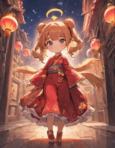 Super cute anthropomorphic small，Wearing a red Chinese Hanfu in Pixar style, She is a princess，she is walking，She looked around，Enjoying The Scenery，She loves the Mid-Autumn Festival celebrations，The background is a starry sky and a full moon， Charming big...