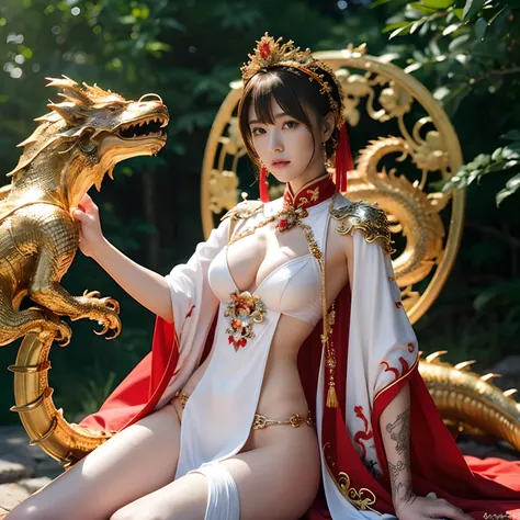 (Fight fiercely with dragons)、top-quality、​masterpiece、超A high resolution、（White Dragon Armor）、dragon armor、(Wearing a beautiful crown made of jewels),(Photorealsitic:1.4)、Raw photo、女の子1人、Golden hair、glowy skin、(((Chinese Dragon)))、（Gorgeous Jewelry Neckla...