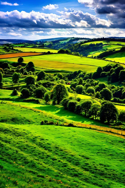 The view of the green area，blues sky and clouds, rolling green hills, Green fields, A small dirt road in the countryside，Colorful hot air balloons，high quality desktop wallpaper, verdant green fields, detailed fields nature, beautiful english countryside, ...