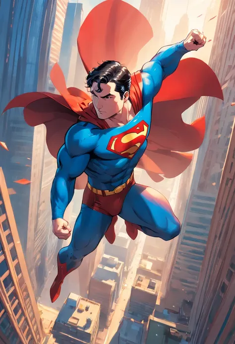 one muscle, Powerful Superman in a dynamic flying pose, with a confident and determined expression on his face. His iconic red and blue superhero costume is highly detailed, mostrando as texturas e contornos do tecido. As cores vibrantes do traje, includin...