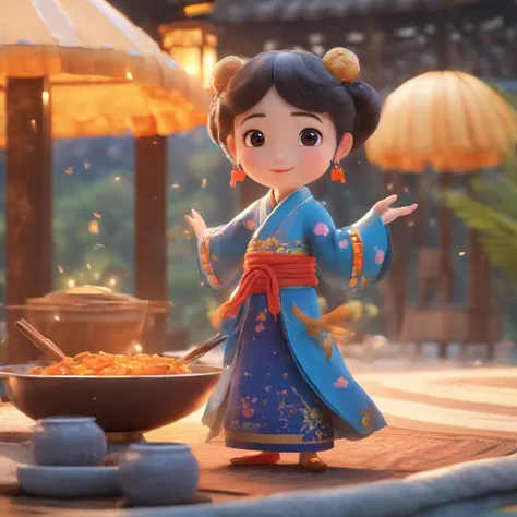 Super cute anthropomorphic small，Wearing Pixar-style blue Chinese Hanfu, She is the god of cooking，she is walking，She looked around，Enjoying The Scenery，Promote your new dish，The background is a starry sky and a full moon， Charming big eyes,Cute tail,Super...