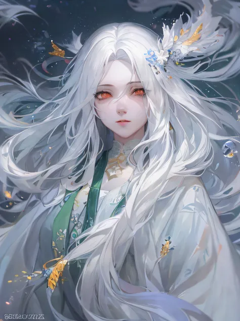 A pixiv competition winner, fantasy art, white-haired god, beautiful character painting, guvez style artwork, dazzling gaze of Yuki Onna, guweiz, long white hair, flowing hair and robes, cute big eyes, illustrations, fine lines, deep color