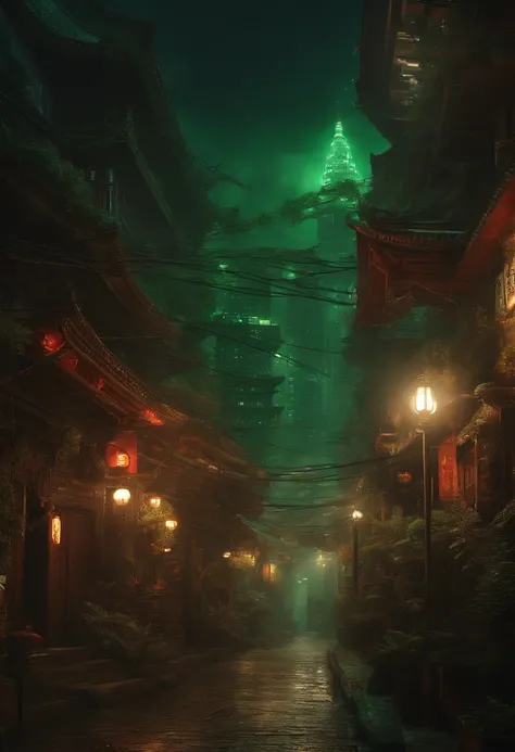 Cyberpunk city from sci-fi movie, night, shrouded in green smoke, bridge, old shop, Strange Tales from a Chinese Studio, red lanterns, ghosts roaming the streets, irregular, circuit boards, wires, intricate, super detailed, realistic, hyper Realistic, High...