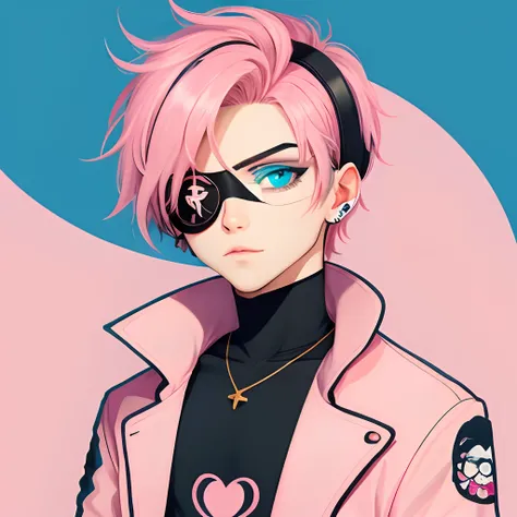 a drawing of a Femboy with pink hair and blue eyes, eye patch over one eye, he wears an eyepatch, eyepatch, samdoesart, wearing an eyepatch, eye patch on one eye, half body, eye patch, flat anime style shading, ((pink)), samdoesarts, wearing a patch over o...