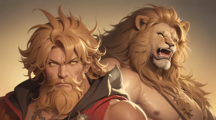 Lion-like、Portrait RPG, race: Human, gender: Mans, Mans; age:50 years old; Eyes: Full yellow without irises; Skin Color: brownish colors, hair: Crimson, Physique: slim build, Facial features: Scarlet beard and sama々Scars, expression: Determined appearance,...