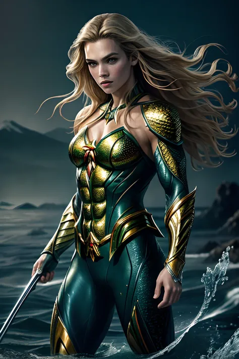 (11, RAW photo, bestquality, masterpiece: 1.2), ultra-detail, Formal art, photorealistic portrait: 1.37, Full-body photos, Women ((japan)) ,( Aquaman DC Beauty Superhero, grain of film, action pose,Clear eye details